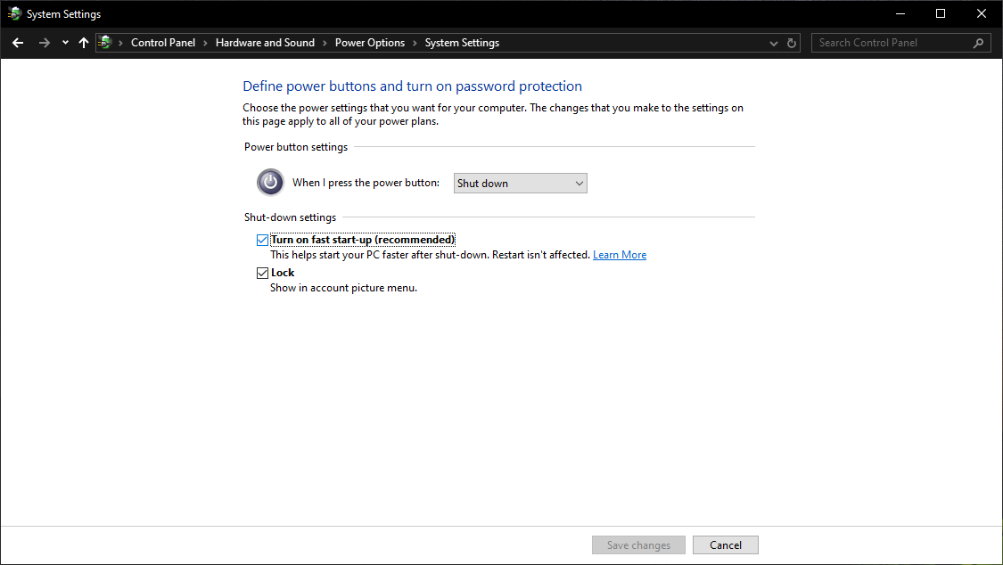 Image of the “Define power buttons and turn on power protection” page in the Windows 10 Control Panel. The checkbox “Turn on fast start-up (recommended)” is in focus and enabled.
