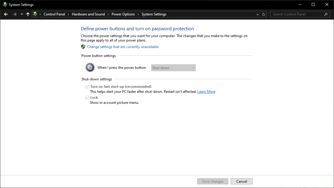 Image of the “Define power buttons and turn on power protection” page in the Windows 10 Control Panel. All of the settings are greyed out, except for the “Change settings that are currently unavailable” link.