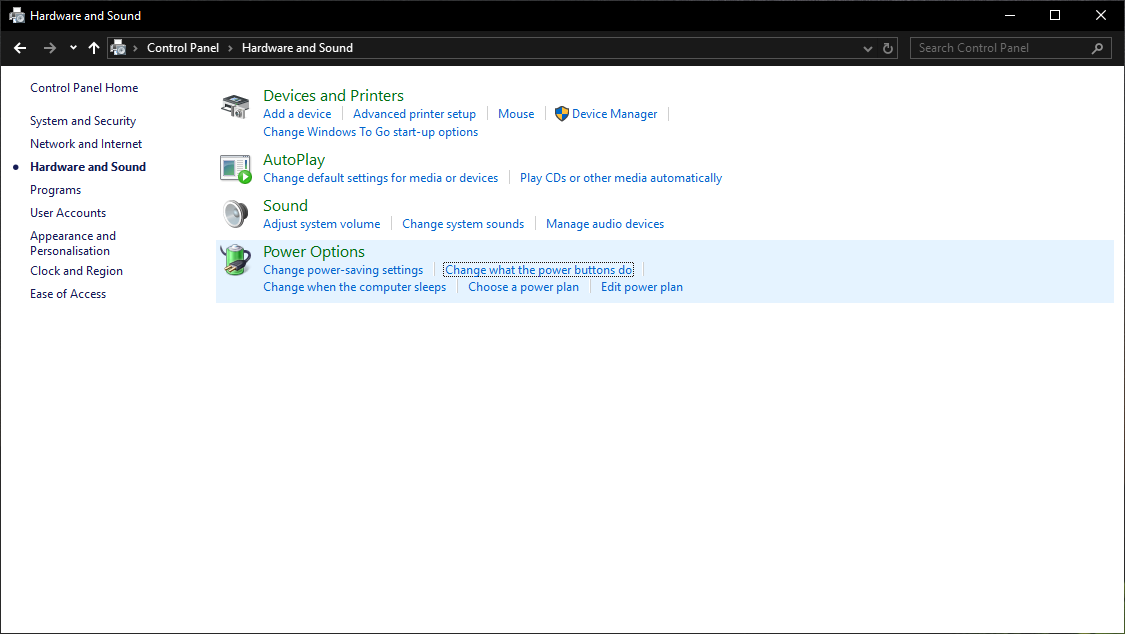 Image of the Hardware and Sound page in the Windows 10 Control Panel. The sub-link “Change what the power buttons do” underneath “Power Options” is in focus.