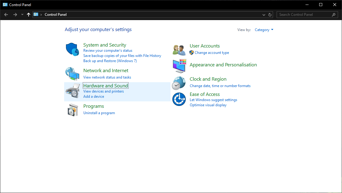 Image of the Control Panel in Windows 10. It is in Category view. The link to “Hardware and Sound” is in focus.