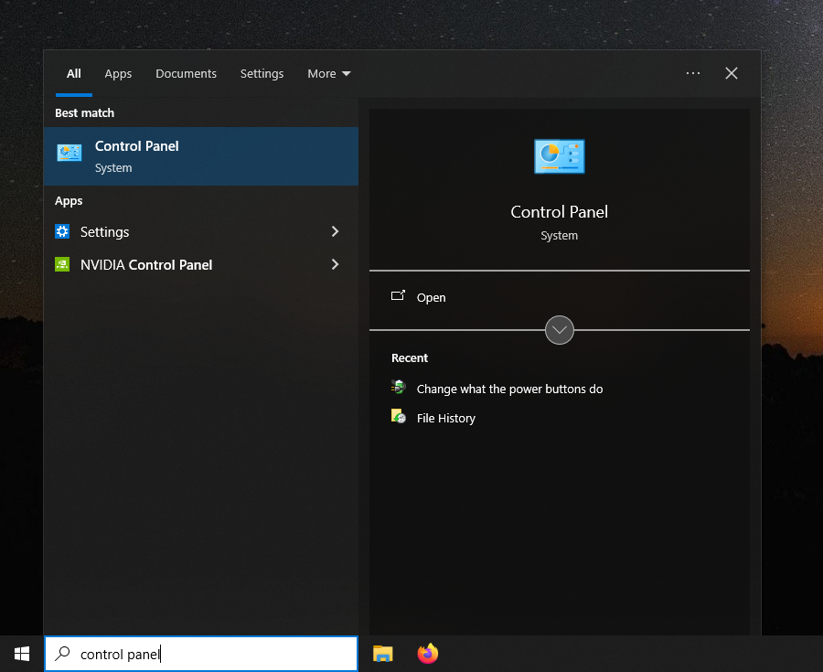 Image of a Windows 10 Start Menu searching for “control panel”. It prominently shows a result for Control Panel.