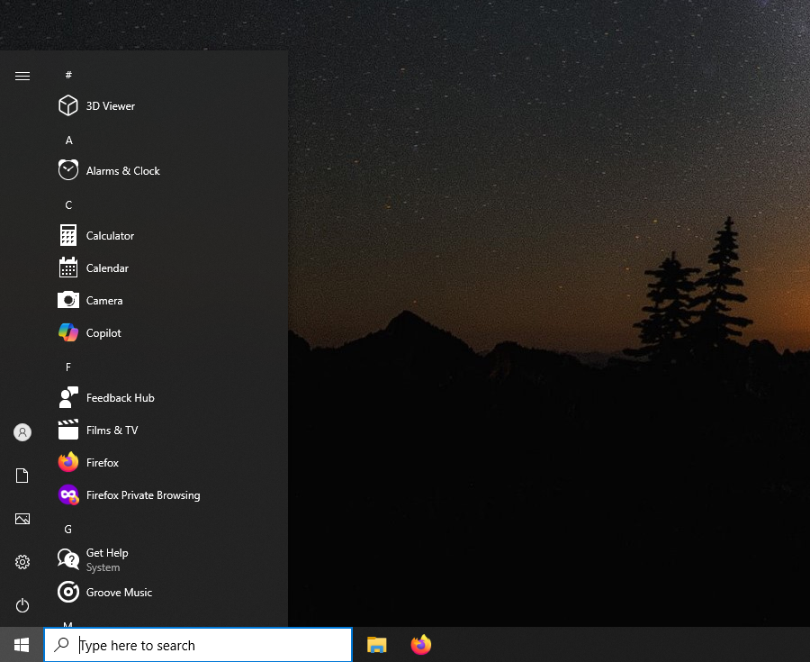 Image of a Windows 10 Start Menu. There are no apps pinned.