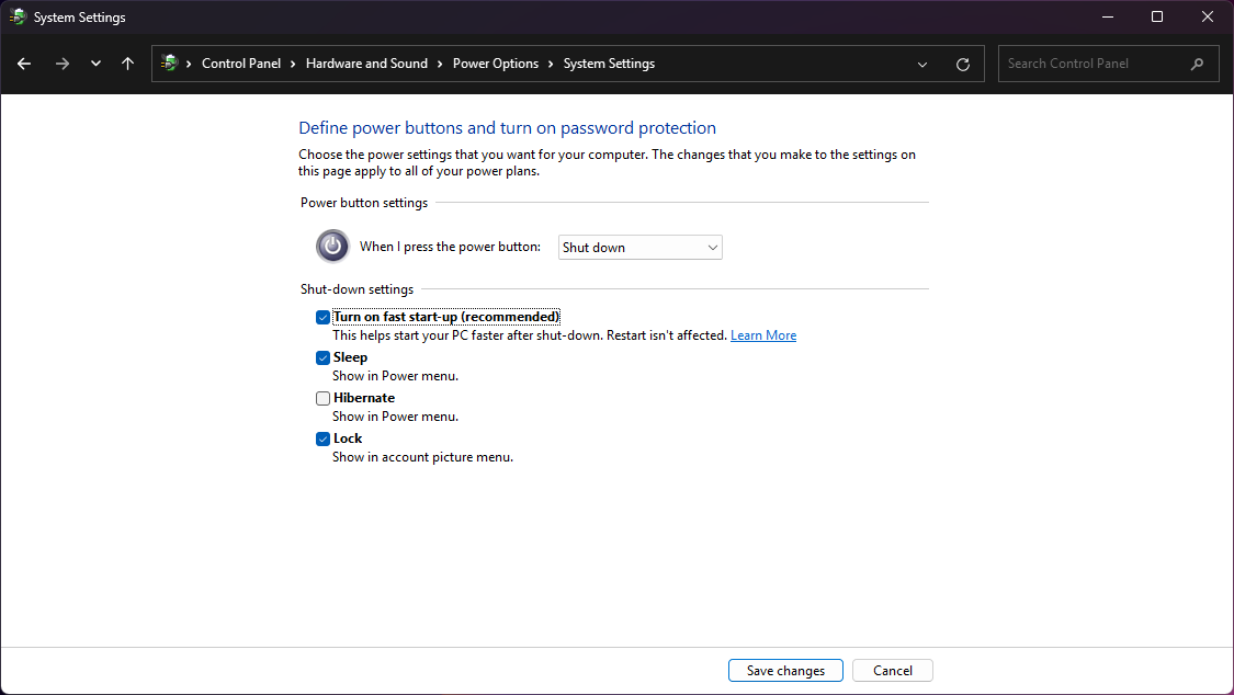 Image of the “Define power buttons and turn on power protection” page in the Windows 11 Control Panel. The checkbox “Turn on fast start-up (recommended)” is in focus and enabled.