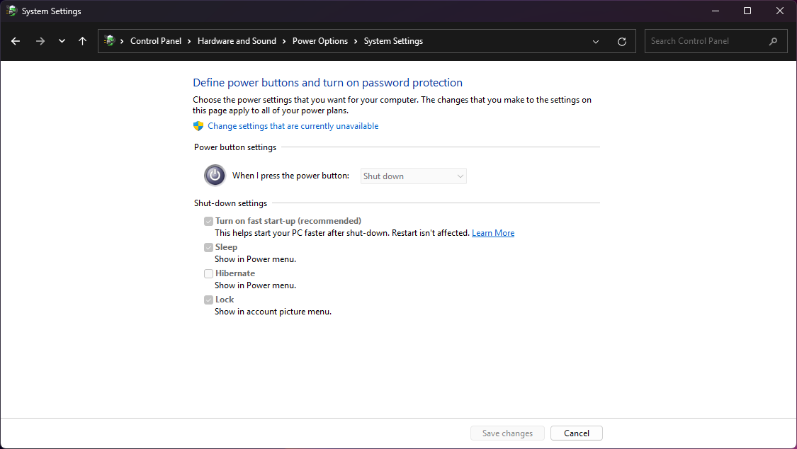 Image of the “Define power buttons and turn on power protection” page in the Windows 11 Control Panel. All of the settings are greyed out, except for the “Change settings that are currently unavailable” link.