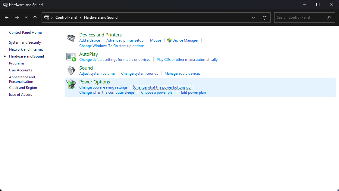 Image of the Hardware and Sound page in the Windows 11 Control Panel. The sub-link “Change what the power buttons do” underneath “Power Options” is in focus.