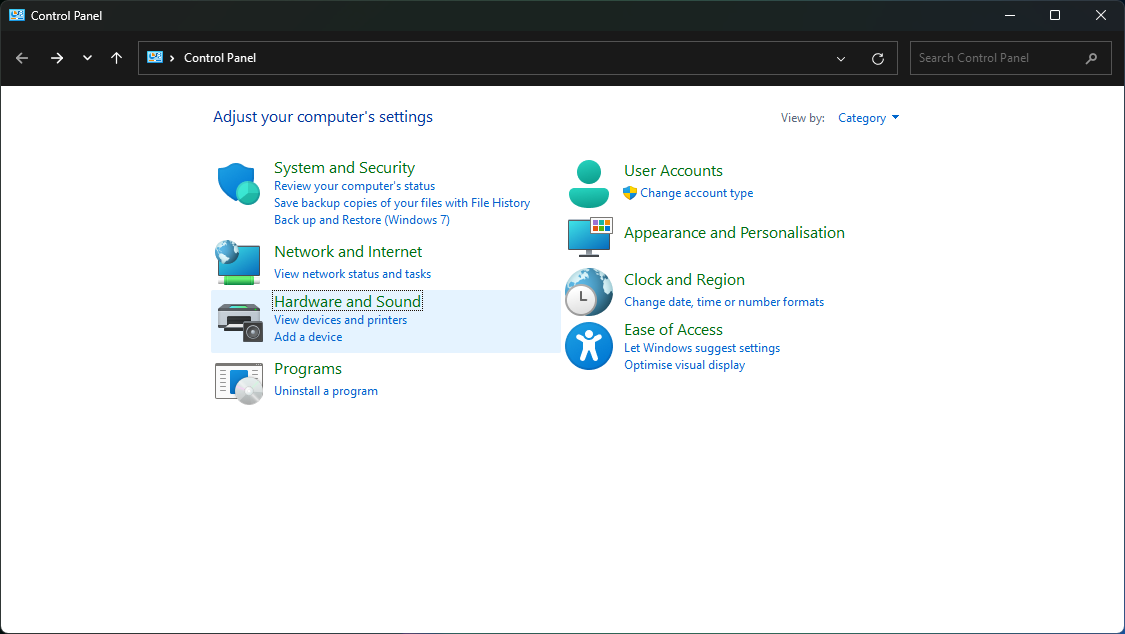 Image of the Control Panel in Windows 11. It is in Category view. The link to “Hardware and Sound” is in focus.