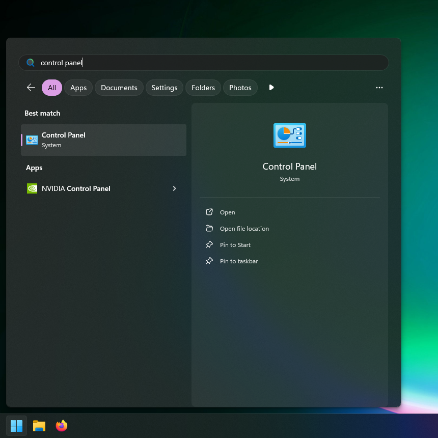 Image of a Windows 11 Start Menu searching for “control panel”. It prominently shows a result for Control Panel.