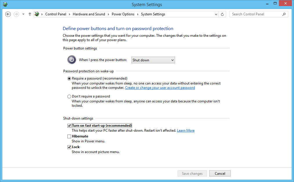 Image of the “Define power buttons and turn on power protection” page in the Windows 8.1 Control Panel. The checkbox “Turn on fast start-up (recommended)” is in focus and enabled.