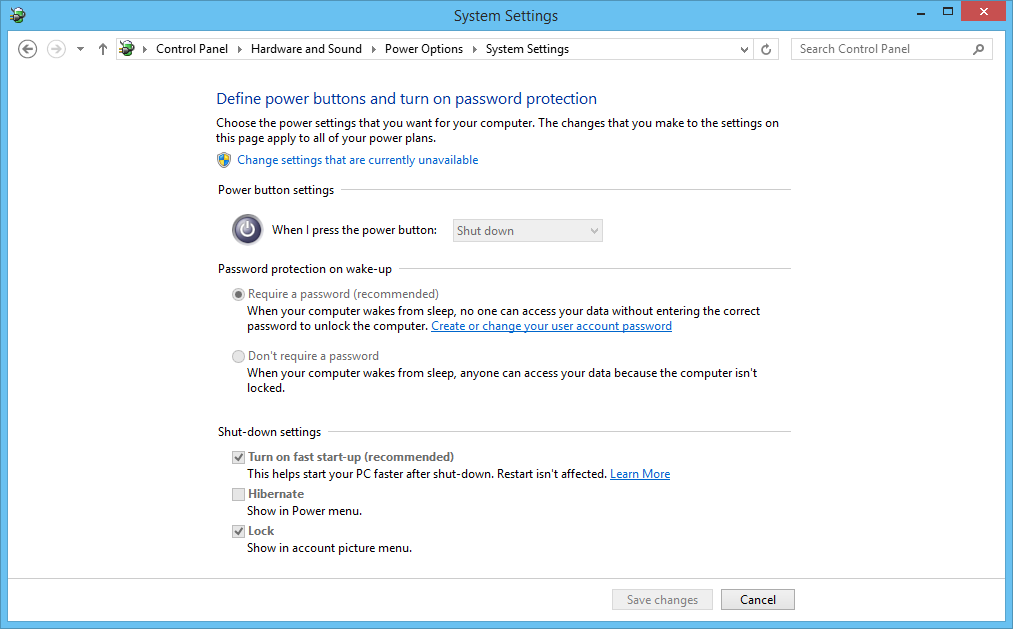 Image of the “Define power buttons and turn on power protection” page in the Windows 8.1 Control Panel. All of the settings are greyed out, except for the “Change settings that are currently unavailable” link.