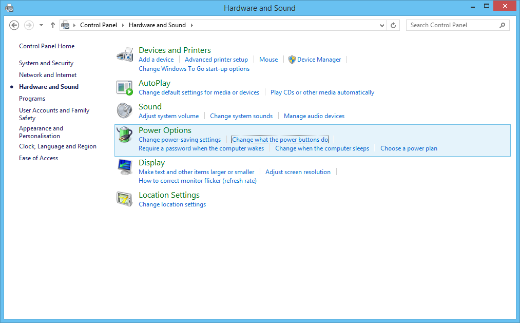 Image of the Hardware and Sound page in the Windows 8.1 Control Panel. The sub-link “Change what the power buttons do” underneath “Power Options” is in focus.
