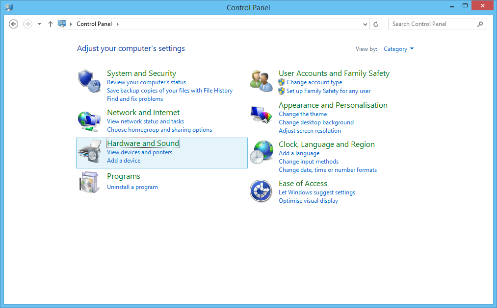 Image of the Control Panel in Windows 8.1. It is in Category view. The link to “Hardware and Sound” is in focus.