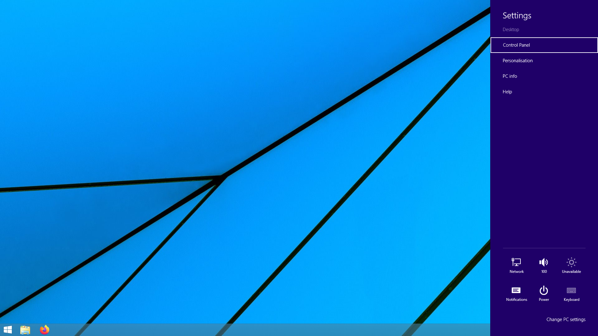 Image of the desktop in Windows 8.1. The Charms flyout on the right-hand side is on the Settings page and has a link to the Control Panel.