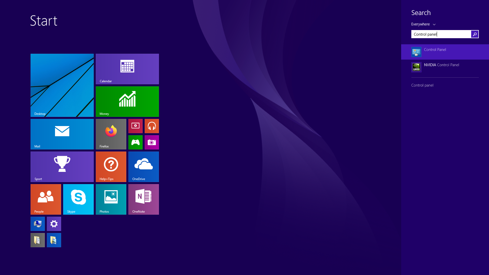 Image of a full-screen Windows 8.1 Start Menu searching for “control panel”. The first result is for the Control Panel